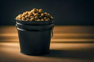 uma balde cheio do amendoim em uma mesa. gerado por IA foto