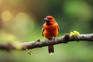 uma vermelho pássaro sentado em uma ramo com verde folhas. gerado por IA foto