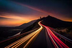 uma grandes exposição fotografia do uma estrada com luz trilhas. gerado por IA foto