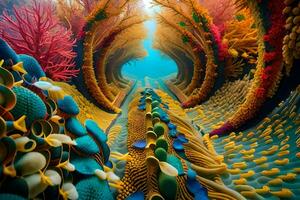 uma colorida embaixo da agua túnel com coral e de outros mar vida. gerado por IA foto