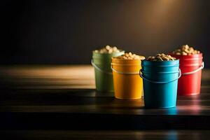 três colorida baldes com amendoim em uma de madeira mesa. gerado por IA foto