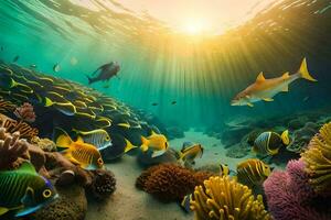 a embaixo da agua cena com peixe e coral recifes. gerado por IA foto