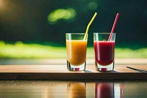 dois óculos do suco com palhas em uma mesa. gerado por IA foto