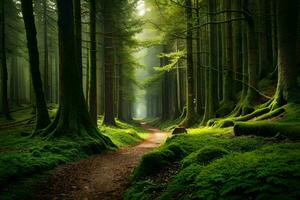 uma caminho através uma floresta com árvores e verde grama. gerado por IA foto