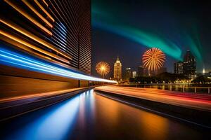 uma grandes exposição fotografia do fogos de artifício dentro a cidade. gerado por IA foto