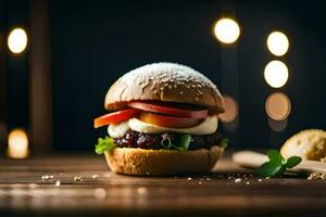 uma Hamburger com queijo e tomate em uma de madeira mesa. gerado por IA foto