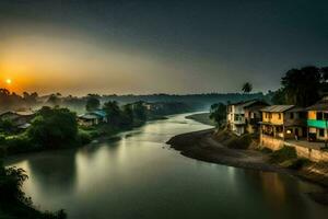 a Sol sobe sobre uma rio dentro uma Vila. gerado por IA foto