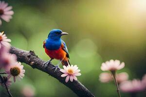 uma colorida pássaro senta em uma ramo com flores gerado por IA foto