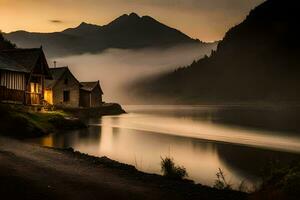 uma casa senta em a costa do uma lago às pôr do sol. gerado por IA foto