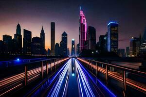 uma cidade Horizonte às noite com luzes em a estrada. gerado por IA foto