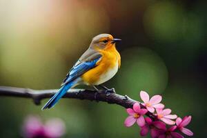 uma azul e laranja pássaro sentado em uma ramo com Rosa flores gerado por IA foto