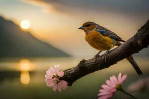 uma pássaro senta em uma ramo com flores dentro a fundo. gerado por IA foto