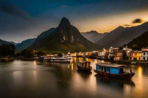 barcos ancorado dentro a água às pôr do sol dentro frente do montanhas. gerado por IA foto