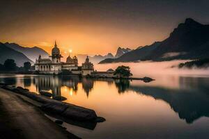 uma Igreja senta em a costa do uma lago às nascer do sol. gerado por IA foto