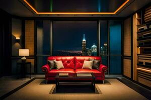 uma vermelho sofá senta dentro frente do uma ampla janela com cidade luzes. gerado por IA foto