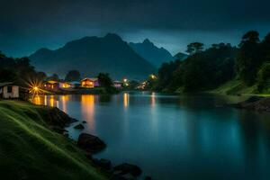 uma pequeno Vila senta em a Beira do uma lago às noite. gerado por IA foto