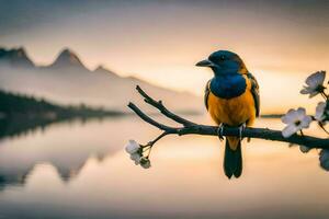 foto papel de parede a céu, pássaro, lago, montanhas, flores, pássaro, pássaro, pássaro,. gerado por IA