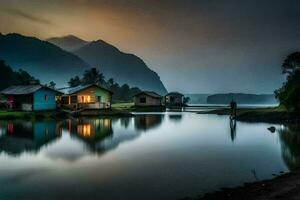 uma lago e alguns casas dentro a montanhas. gerado por IA foto