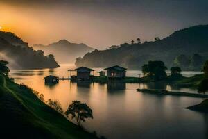 uma lindo pôr do sol sobre uma lago com casas em a costa. gerado por IA foto