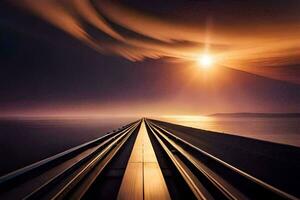 uma trem rastrear é indo através a céu às pôr do sol. gerado por IA foto