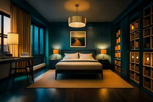 uma quarto com azul paredes e uma cama. gerado por IA foto