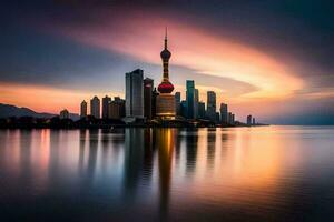 a Xangai Horizonte às pôr do sol. gerado por IA foto