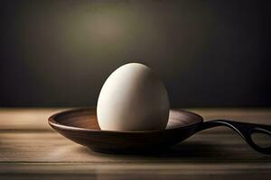 a ovo em uma de madeira colher em uma mesa. gerado por IA foto