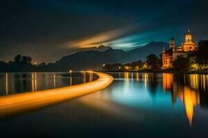 uma grandes exposição fotografia do uma Igreja e lago às noite. gerado por IA foto