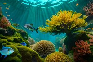 embaixo da agua cena com coral recifes e peixe. gerado por IA foto