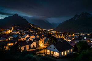 uma Vila aceso acima às noite dentro a montanhas. gerado por IA foto