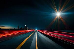 uma grandes exposição fotografia do uma rodovia às noite. gerado por IA foto