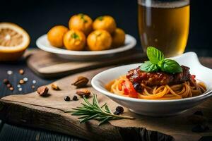 espaguete com almôndegas e Cerveja em uma de madeira mesa. gerado por IA foto