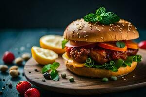 uma Hamburger com legumes e bagas. gerado por IA foto