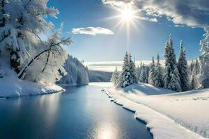 uma rio dentro a neve. gerado por IA foto