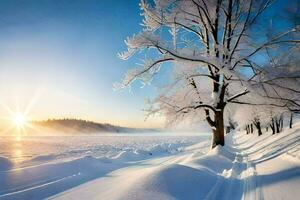 uma Nevado panorama com árvores e a Sol. gerado por IA foto
