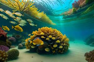 a embaixo da agua cena com coral e peixe. gerado por IA foto