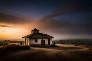 uma pequeno Igreja senta em a lado do uma Colina às pôr do sol. gerado por IA foto