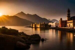 a Sol conjuntos sobre uma lago e edifícios dentro Índia. gerado por IA foto