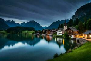 uma lago e montanha Vila às noite. gerado por IA foto