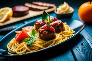 uma prato do espaguete com almôndegas e tomates. gerado por IA foto