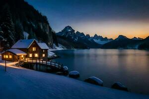 uma cabine dentro a neve às pôr do sol. gerado por IA foto