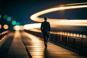 uma homem dentro uma terno anda em através uma ponte às noite. gerado por IA foto