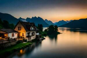 uma casa senta em a costa do uma lago às pôr do sol. gerado por IA foto