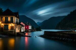 foto papel de parede a lua, água, montanhas, casa, a noite, a lua, a lago. gerado por IA