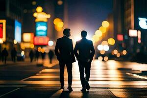 dois homens caminhando baixa uma cidade rua às noite. gerado por IA foto