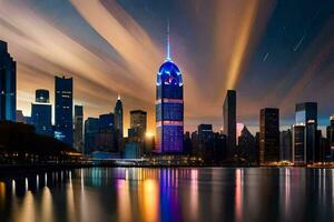 a chinês cidade Horizonte às noite com uma colorida luz trilha. gerado por IA foto