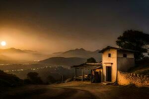 uma pequeno casa senta em a lado do uma Colina às pôr do sol. gerado por IA foto