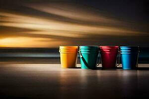 três colorida baldes em a de praia às pôr do sol. gerado por IA foto