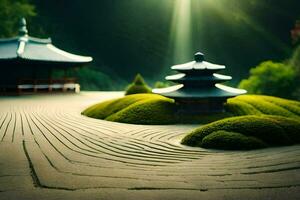 uma japonês jardim com uma pagode e grama. gerado por IA foto