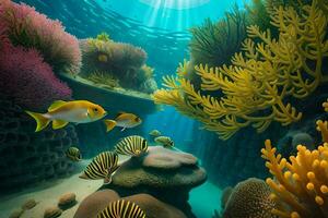 3d embaixo da agua cena com coral e peixe. gerado por IA foto